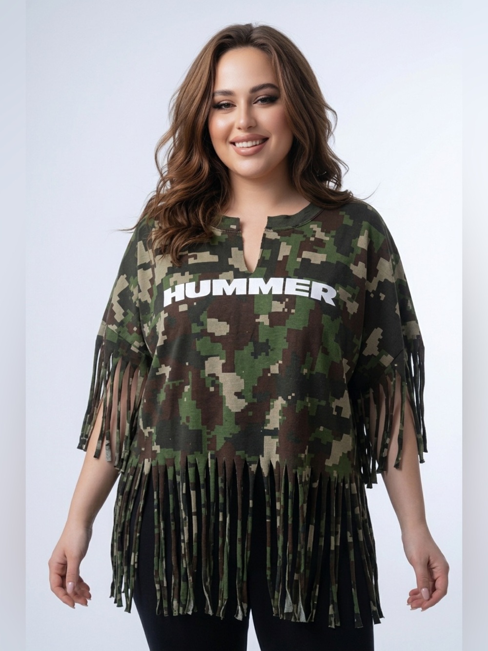 Upcycled HUMMER Camo Fringe short sleeve in Green size 2X